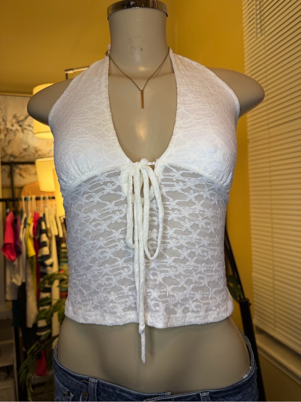 See You Monday Y2K White Lace Halter Top Tie Front XS